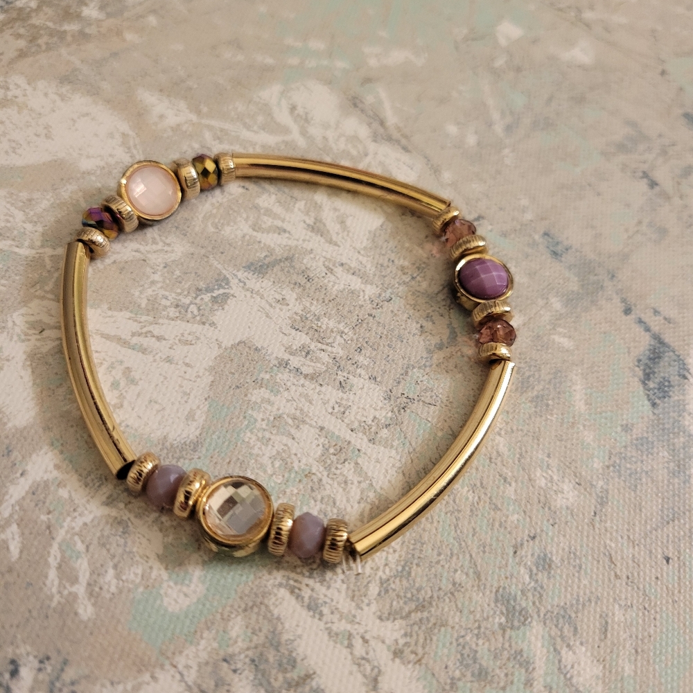 Gold Tone Beaded Crystal Accent Bar Link Bracelet and Large Square Stud Earrings - Picture 8 of 9